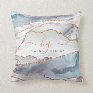 Marble Rose Gold Glitter Teal Script Monogram Cushion