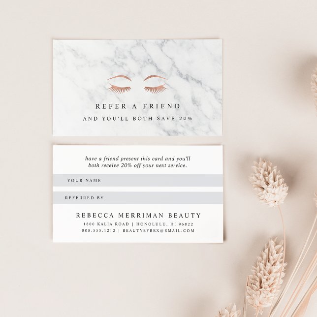 Marble & Rose Gold Lashes & Brows Beauty Referral Card (Creator Uploaded)