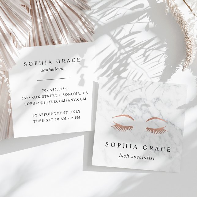 Marble & Rose Gold Lashes & Brows Beauty Square Business Card (Creator Uploaded)
