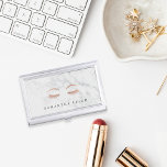 Marble Rose Gold Lashes & Brows Personalized Business Card Holder<br><div class="desc">Elegant business card holder for aestheticians or makeup artists features your name and/or business name in dark gray lettering on a luxe white marble background adorned with a pair of lush lashes and brows in faux rose gold foil.</div>