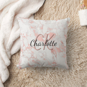 Marble rose gold monogram name cushion