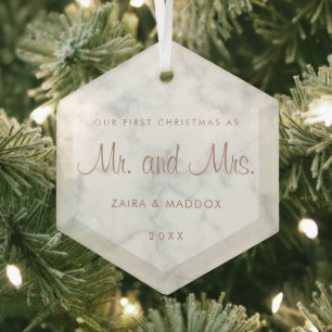 Marble Rose Gold Mr and Mrs Our First Christmas Glass Tree Decoration