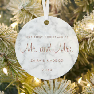 Marble Rose Gold Mr and Mrs Our First Christmas Metal Tree Decoration