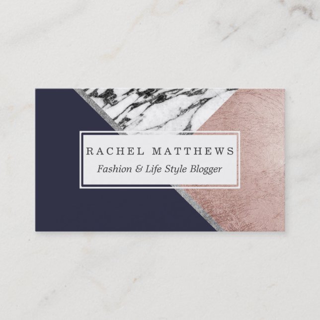 Marble Rose Gold Navy Blue Triangle Geometric Business Card (Front)