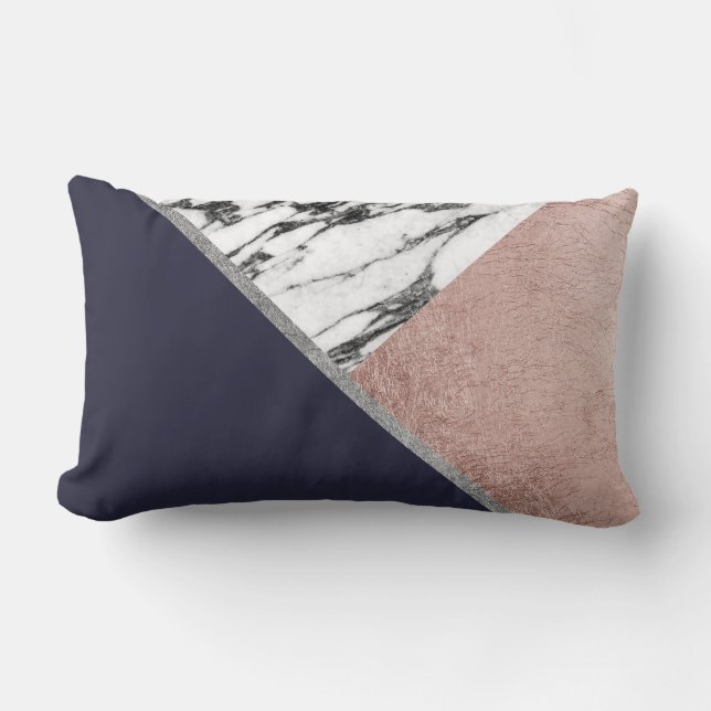 Marble Rose Gold Navy Blue Triangle Geometric Lumbar Cushion (Front)