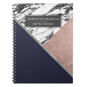 Marble Rose Gold Navy Blue Triangle Geometric Notebook