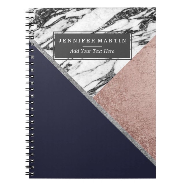 Marble Rose Gold Navy Blue Triangle Geometric Notebook (Front)