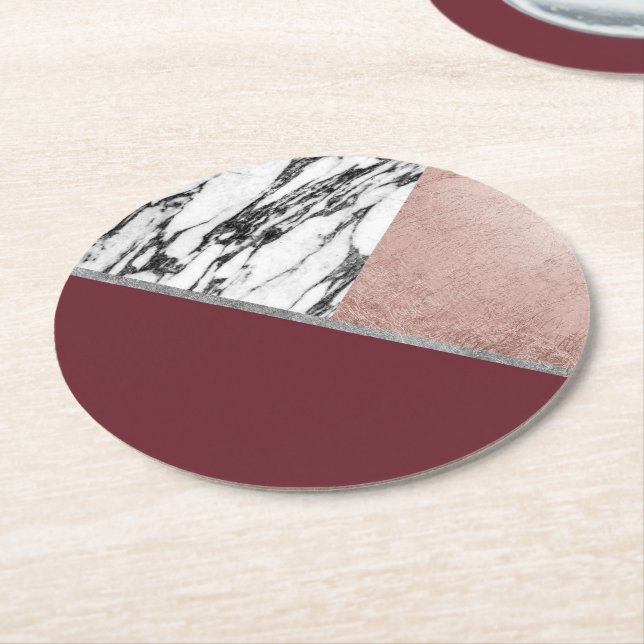 Marble Rose Gold Red Wine Triangle Geometric Round Paper Coaster (Angled)