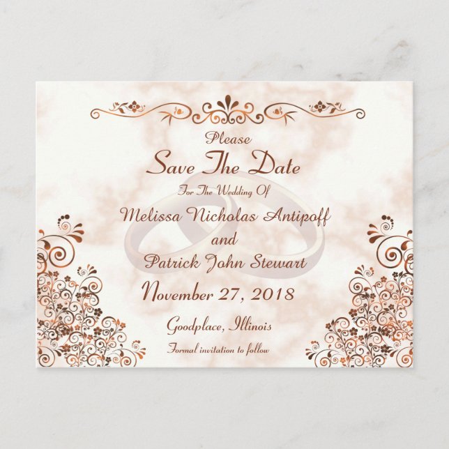 Marble Rose Gold Rings Elegant Save The Date Announcement Postcard (Front)