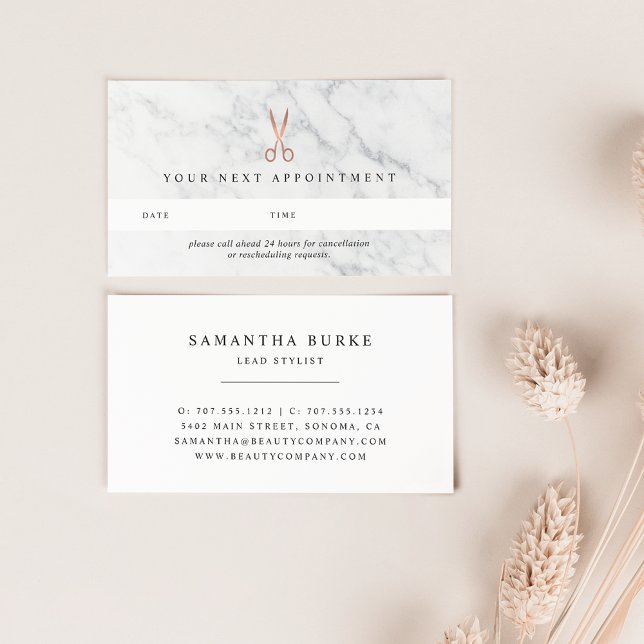 Marble & Rose Gold Scissors | Hair Salon Appointment Card (Creator Uploaded)