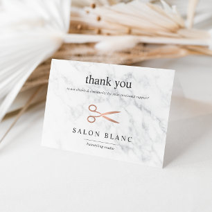 Marble & Rose Gold Scissors Hair Salon Business Thank You Card
