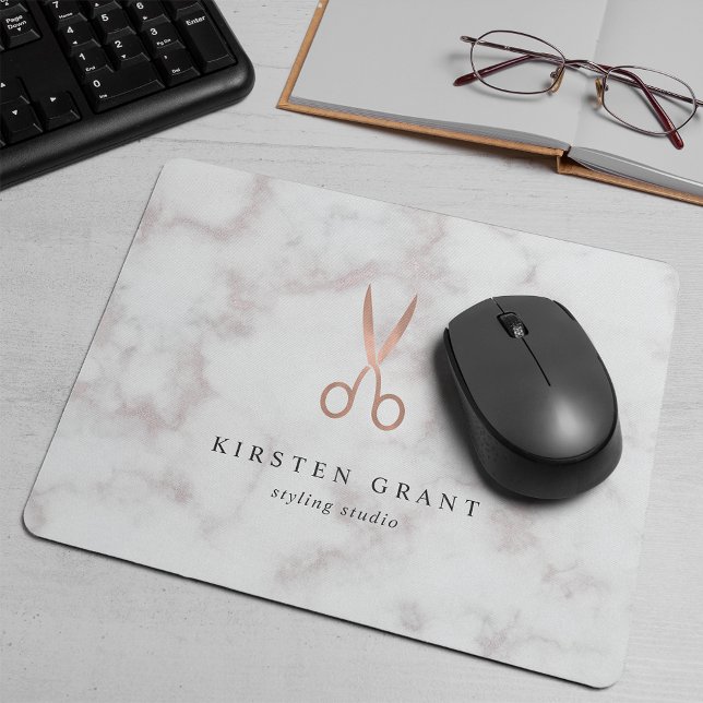 Marble & Rose Gold Scissors Hair Salon Logo Mouse Pad (Creator Uploaded)
