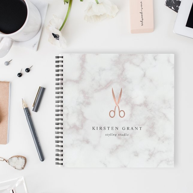 Marble & Rose Gold Scissors Hair Salon Logo Notebook (Creator Uploaded)