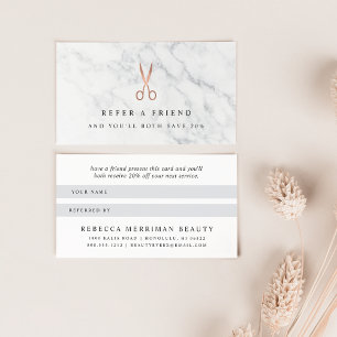 Marble & Rose Gold Scissors Logo Hair Salon Referral Card