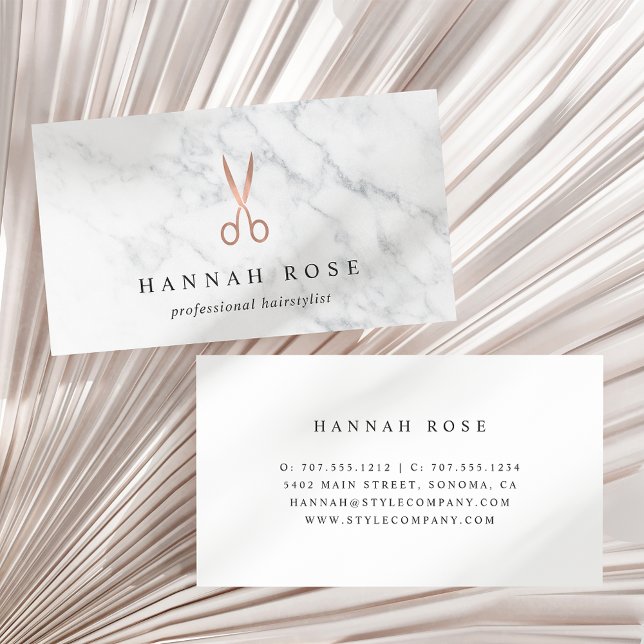 Marble & Rose Gold Scissors Logo Hairstylist Business Card (Creator Uploaded)