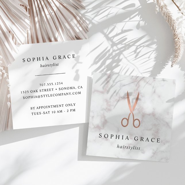 Marble & Rose Gold Scissors Logo Hairstylist Square Business Card (Creator Uploaded)