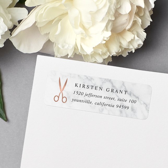 Marble & Rose Gold Scissors Logo Return Address Label (Creator Uploaded)