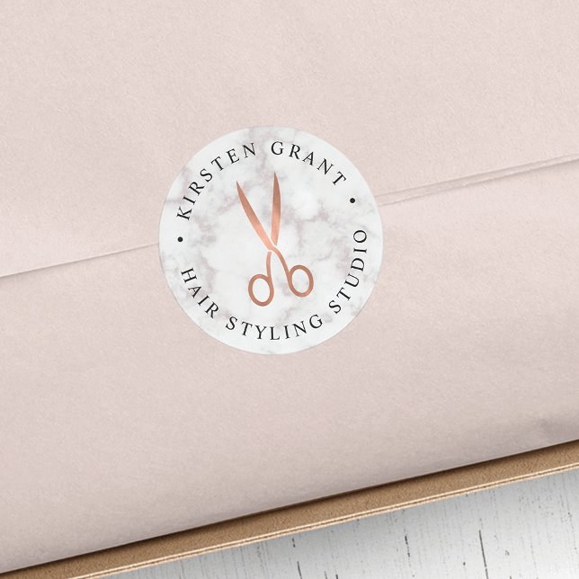 Marble & Rose Gold Scissors Salon Logo Classic Round Sticker (Creator Uploaded)