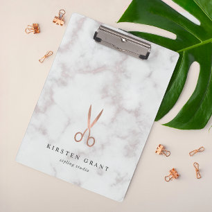 Marble & Rose Gold Scissors Salon Logo Clipboard