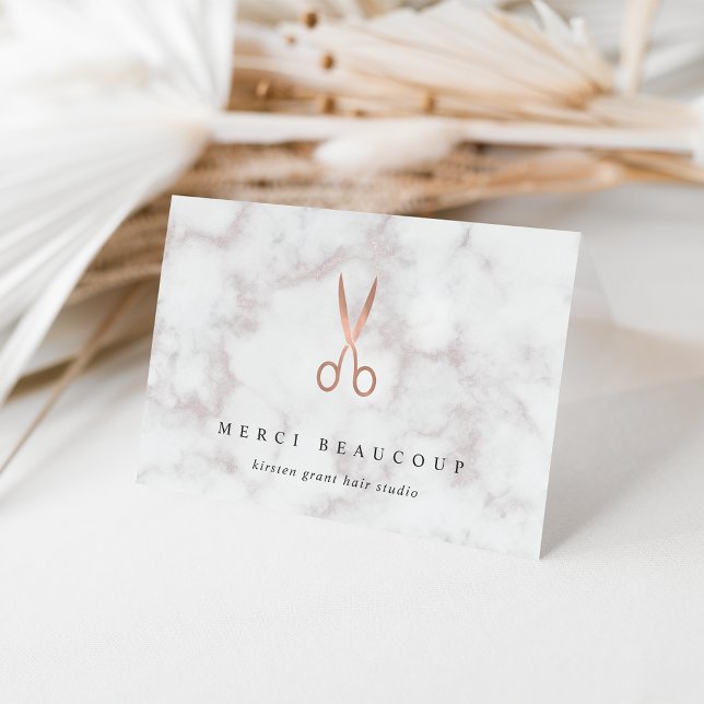 Marble & Rose Gold Scissors Salon Logo Note Cards (Creator Uploaded)