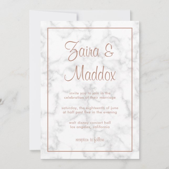 Marble Rose Gold Script Modern Elegant Wedding Invitation (Front)