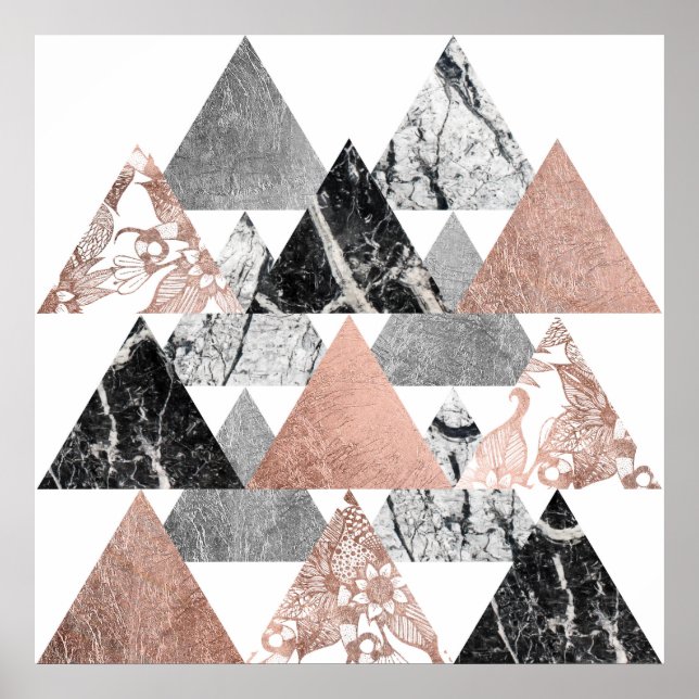Marble Rose Gold Silver and Floral Geo Triangles Poster (Front)