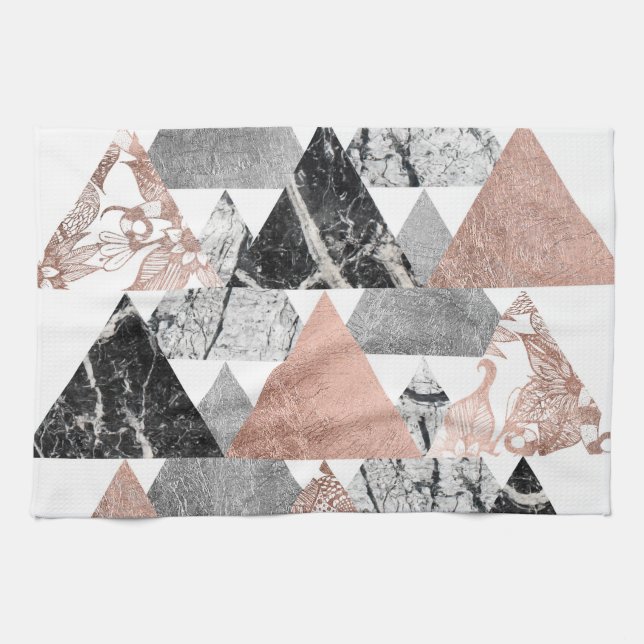 Marble Rose Gold Silver and Floral Geo Triangles Tea Towel (Horizontal)
