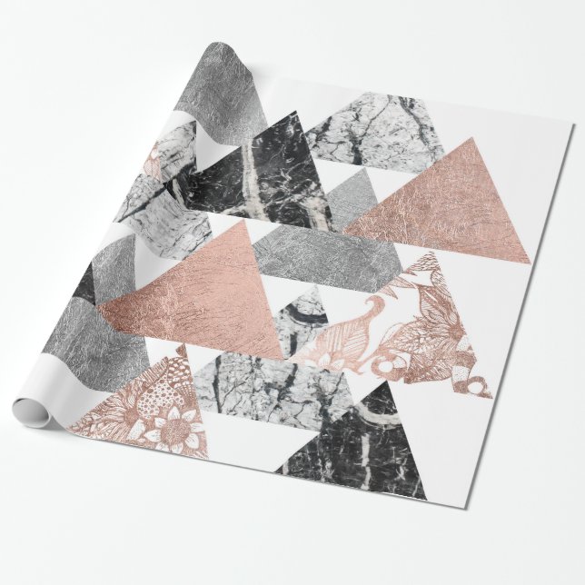 Marble Rose Gold Silver and Floral Geo Triangles Wrapping Paper (Unrolled)