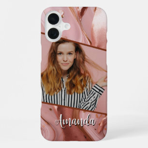 Marble Rose Gold Sparkle Glam Photo iPhone 16 Plus Case