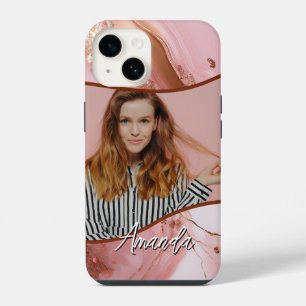 Marble Rose Gold Sparkle Glam Photo iPhone 14 Case