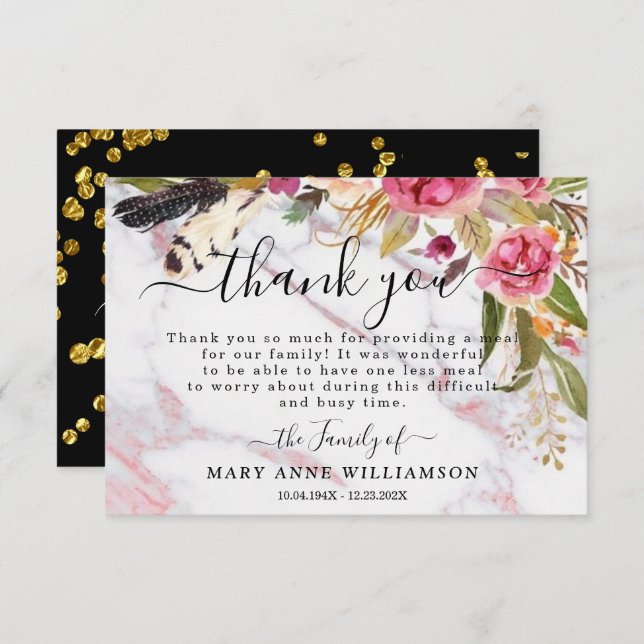 Marble Roses Elegant Funeral Food Thank You Card (Front/Back)