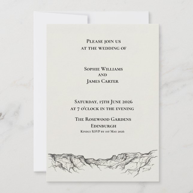 Marble Scottish Castle Sketch Wedding Invitation (Front)