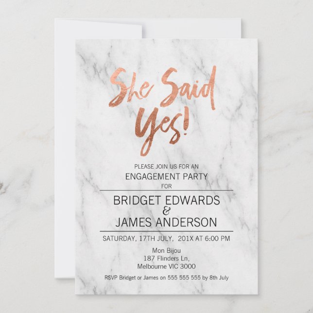 Marble She Said Yes Engagement Invitation (Front)