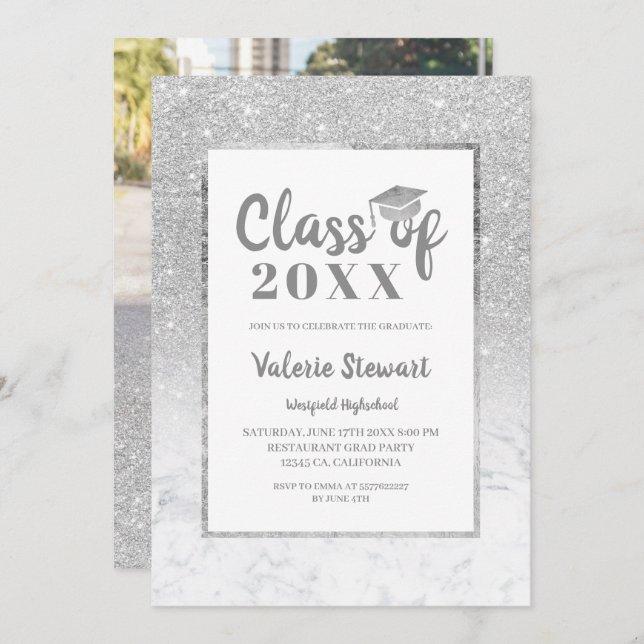 Marble silver glitter class of photo graduation invitation (Front/Back)