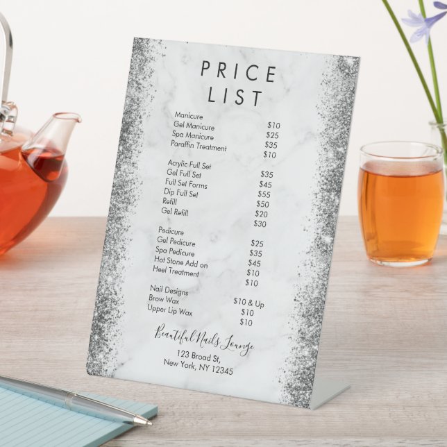 Marble & Silver Glitter Nail Salon Price List  Pedestal Sign (In SItu)
