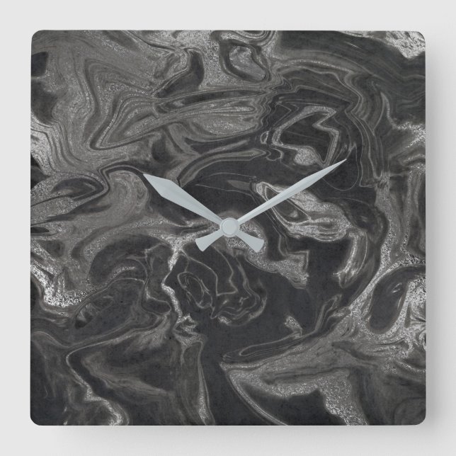 Marble Silver Grey Black Abstract Graphite VIP Square Wall Clock (Front)