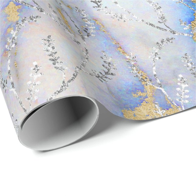 Marble Silver Grey Blue Ocean Floral Foils Laurel Wrapping Paper (Roll Corner)