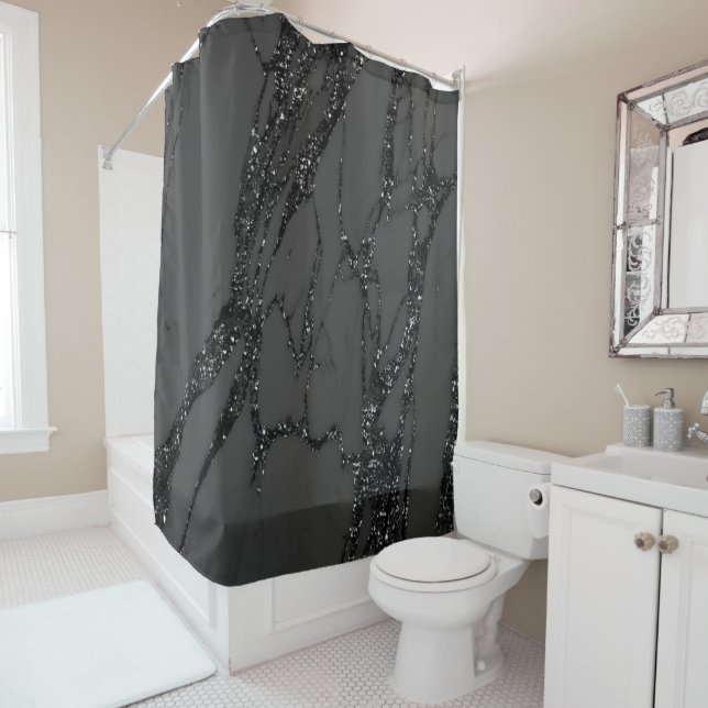 Marble Stone Abstract Black Graphite Glitter Grey Shower Curtain (In Situ)