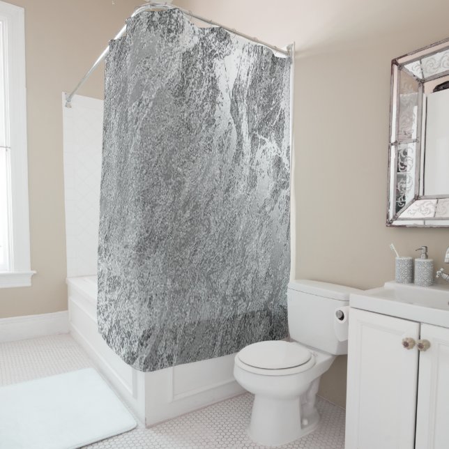 Marble Stone Abstract Metallic Silver Grey Luxury Shower Curtain (In Situ)