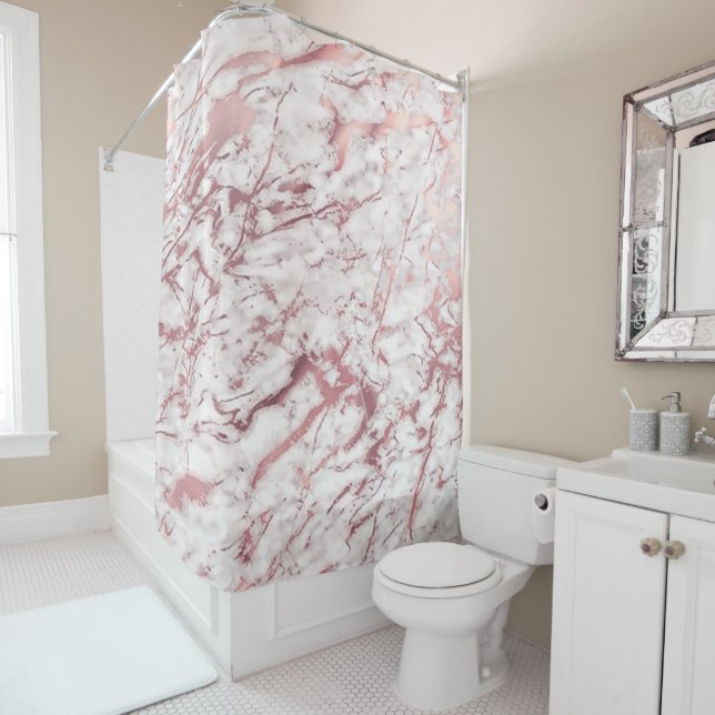 Marble Stone Abstract White Carrara Pink Rose Lux Shower Curtain (In Situ)