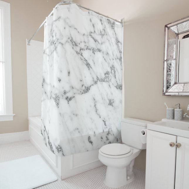 Marble Stone Abstract White Carrara Silver Grey Shower Curtain (In Situ)