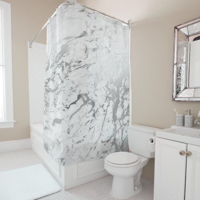 Marble Stone Abstract White Carrara Silver Grey Shower Curtain (In Situ)