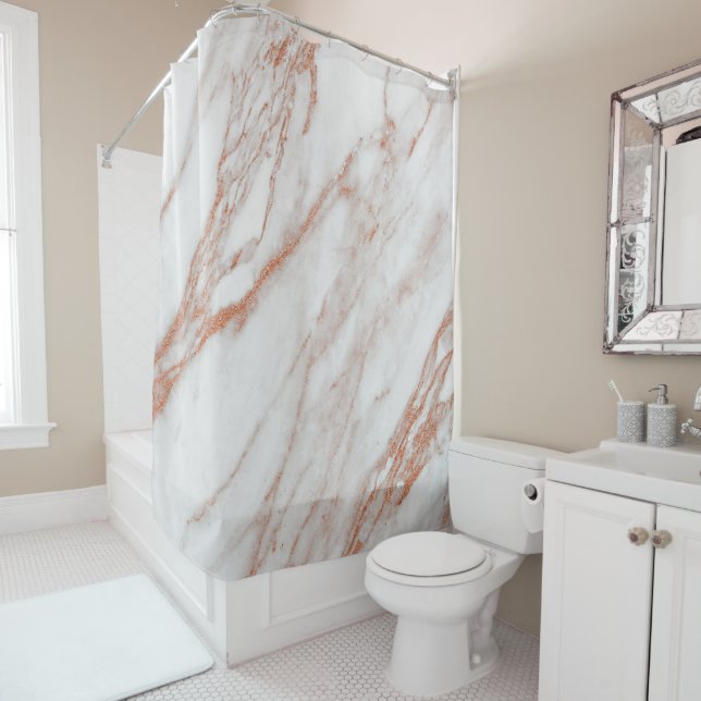 Marble Stone Abstract White Coral Rose Pink Copper Shower Curtain (In Situ)