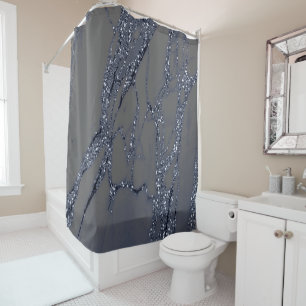 Marble Stone Blue Navy Graphite Glitter Grey Shower Curtain