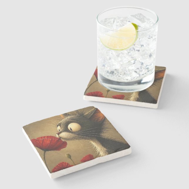 Marble Stone Coaster Black & White Cat Red Flower (Side)