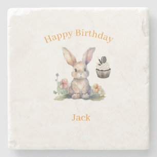Marble Stone Coaster Cute Rabbit Cupcake Birthday