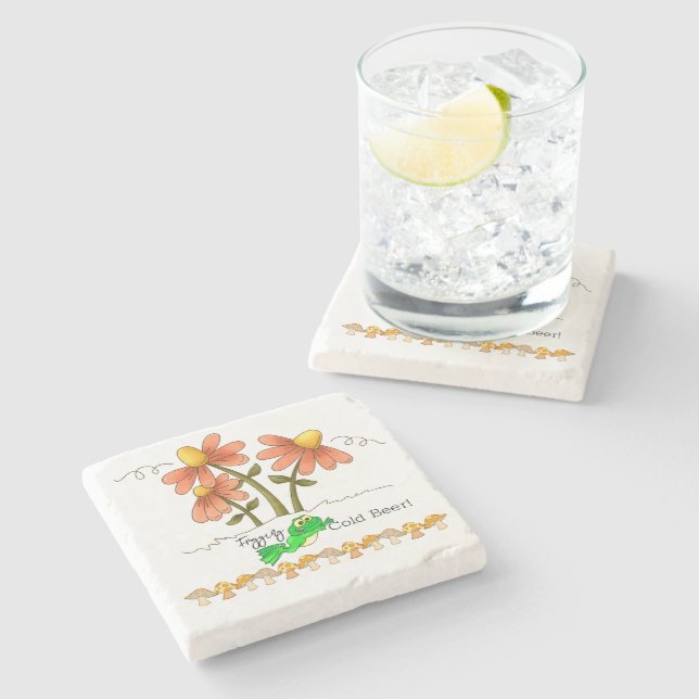 Marble Stone Coaster Frogging Cold Beer Mushroom  (Side)
