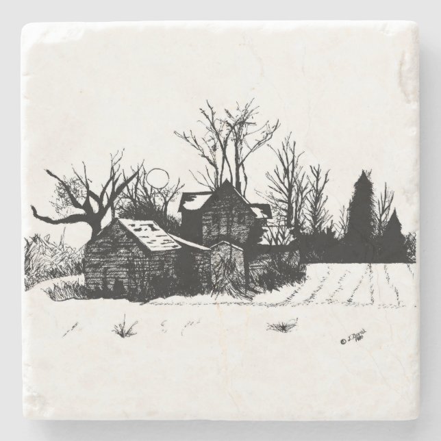 Marble Stone Coaster - Ink Winter Farmstead (Front)