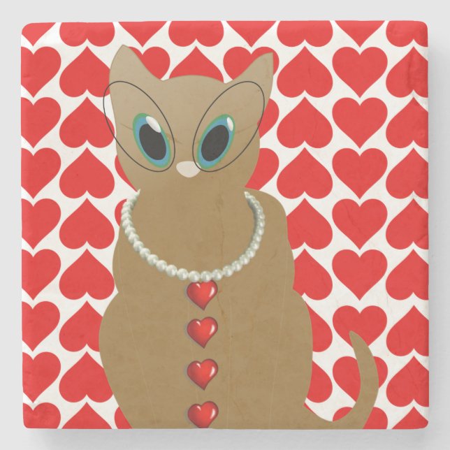 Marble Stone Coaster Valentine's Day Cat (Front)