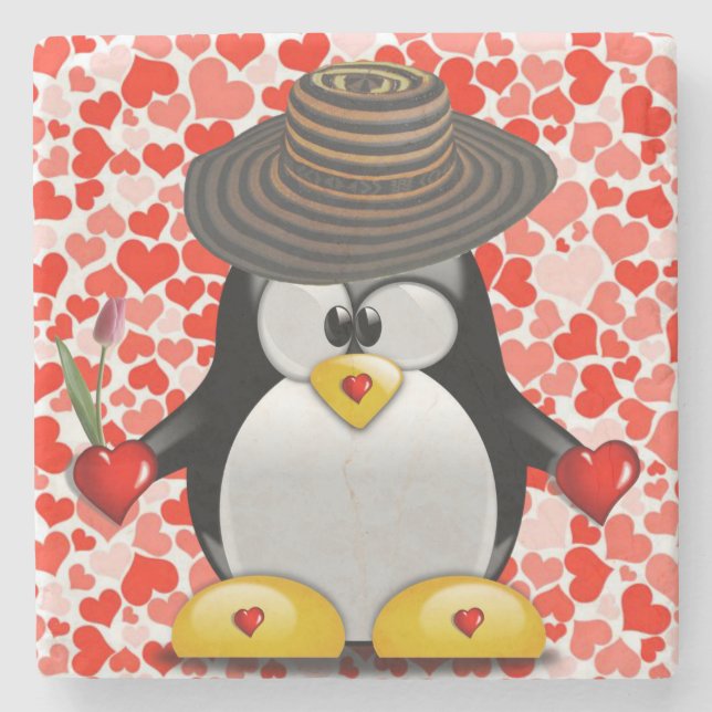 Marble Stone Coaster Valentine's Day Penguin (Front)